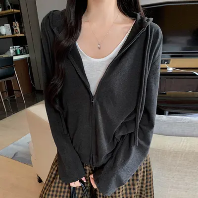 Hooded Zip-Up Sweatshirt Jacket for Women, Spring and Autumn, Loose Fit - 9