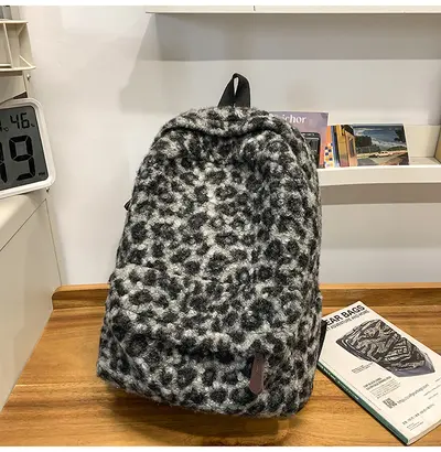 Retro Plush Leopard Print Backpack, Large Capacity School Bag - 9