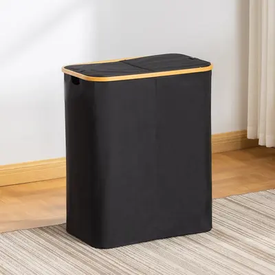 Foldable Oxford Fabric Laundry Basket with Bamboo Frame and Lid - 10
