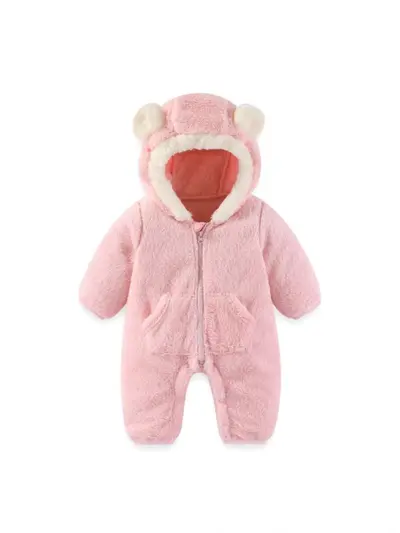 Korallenfarbener Samt-Babystrampler für Herbst und Winter, Neugeborene, mit Reißverschluss
