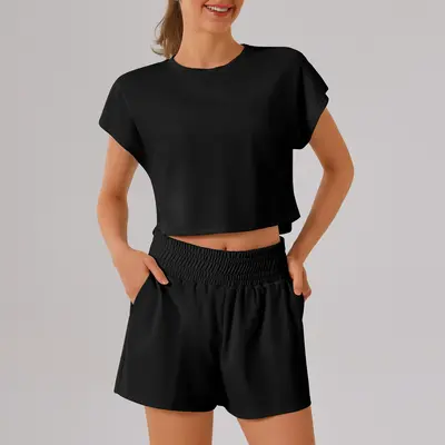 Solid Color Round-Neck Women's Yoga Fitness Set, Breathable, High Elastic - 7