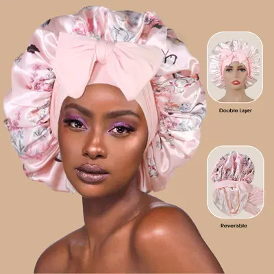 Printed Elastic Satin Bonnet with Bow, Double-Layer Reversible