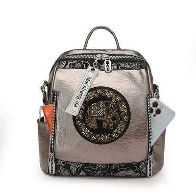 Women's Punk Backpack with Rhinestones and Leopard Print - 11