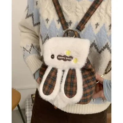 Women's Winter Woolen Plaid Mini Backpack with Cute Rabbit Plush - 10