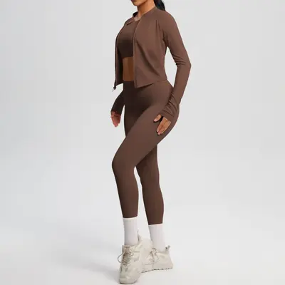 Solid Color Brushed Tight Fitness Jacket Three-Piece Set for Women - 4