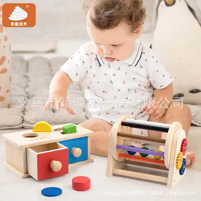 Wooden Drawer Box 2-in-1 Montessori Teaching Tool Permanent Goal Box Infant Coin Drop Box Toy