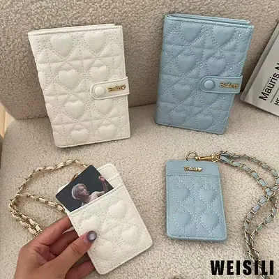 Heart Quilted Passport Holder with Chain Card Case for Women
