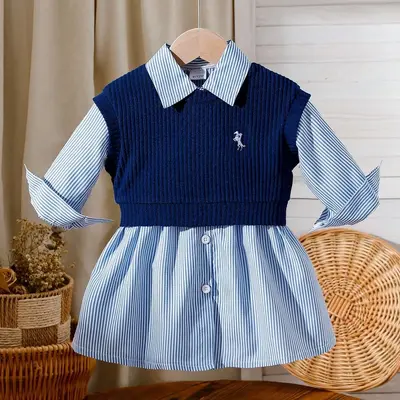 Baby Mädchen Kleidung 0-3J. Mädchen Herbst-Frühling Langarm Streifenhemd Kleid + Strickweste