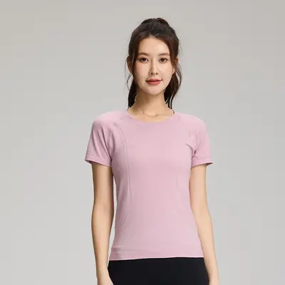 Kadın Dikişsiz Yoga Üstü, Tek Parça Örgü Kısa Kollu T-Shirt, Koşu ve Fitness - 10
