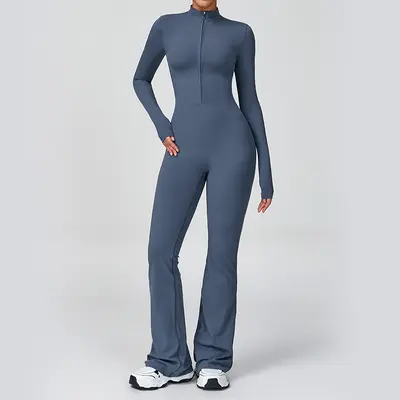 Zipper Long-Sleeve Yoga Jumpsuit, High-Intensity Fitness One-Piece Fitted Bodysuit - 9