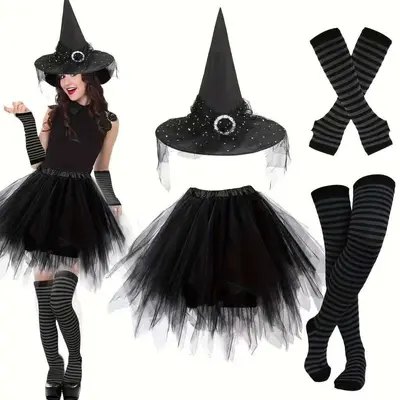Halloween Witch Hat Set with Striped Stockings and Puffy Skirt - 12