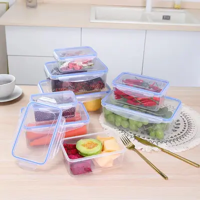 Covered rectangular plastic food container, refrigerator fruit and vegetable storage container, pickle container, customizable logo.