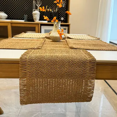 Jute Table Runner, Mixed Colour Woven Retro Table Cover, Decorative Long Towel with Tassel - 2