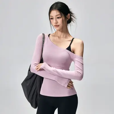 Damen-Yoga-T-Shirt, Langarm, Slim Fit, Schulterfrei