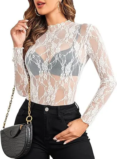Damen-Spitzenbluse, langarm, Stehkragen, transparent mit Blumenmuster - 7