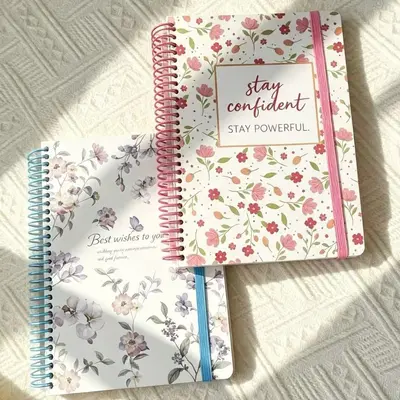 B5 çiçek desenli spiral defter, 150 yaprak, sert kapaklı, kurdeleli