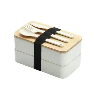 Japanisch gestaltete doppelschichtige Bento-Box mit Bambusdeckel, mikrowellengeeignet, geteilte Kunststoff-Lunchbox für Büropersonal, isolierte Lunchbox für Schüler, Frischehaltebox