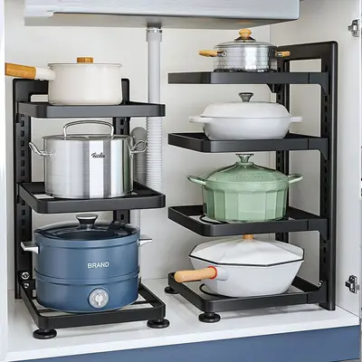 Topfständer zum Aufbewahren von Töpfen und Pfannen, Küchen-Edelstahlregal, Speicherregal unter dem Waschbecken, innenliegend mehrschichtiger mehrstöckiger Haushaltschrank. - 2