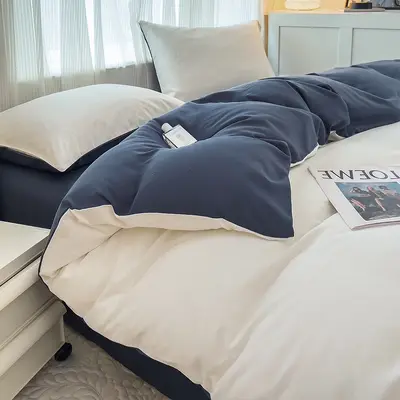 Manufacturer wholesale solid color washed cotton four-piece set plain brushed bedding set ins style sheet duvet cover three-piece set 3 - 13
