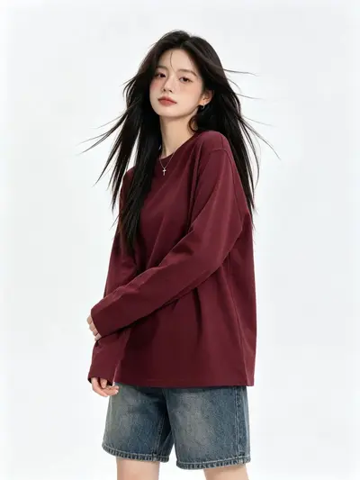 Long Sleeve Women's T-Shirt, White 100% Cotton, Round Neck, Loose Fit - 12