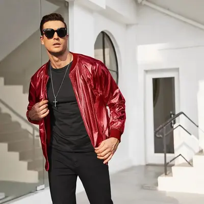 Men's Glossy Metallic Zip-Up Jacket, 70s Disco Style