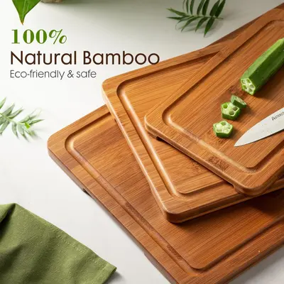 Carbonized Bamboo Cutting Board 3-Piece Set, Double-Sided, Separate Zones