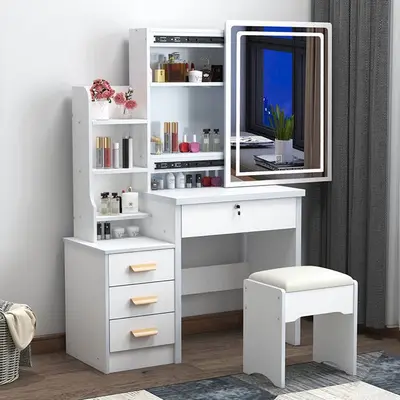 Modern Dressing Table with Sliding Mirror, LED Light and Storage Cabinet - 7