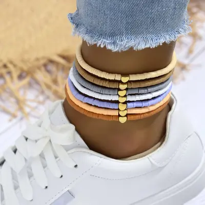 Europe and America Cross-Border Fashion Versatile Mixed-Color Peach Heart Soft Clay Elastic Anklet Simple Multi-Layer Stackable Shoe and Boot Accessories for Men and Women