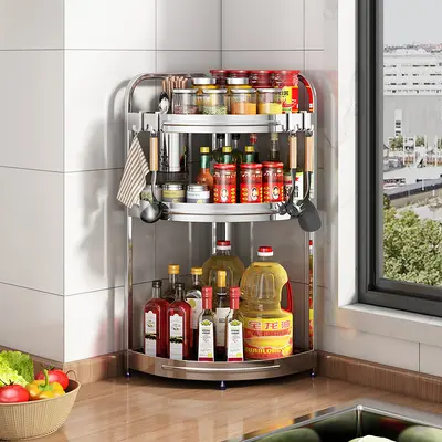 Stainless steel kitchen corner storage rack oil salt sauce vinegar tripod spice supplies wall corner floor storage knife holder