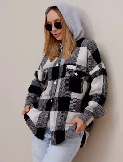 Women's Hooded Plaid Cardigan Jacket, Long Sleeve