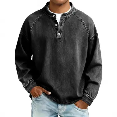 Men's Washed Distressed Vintage Stand-Collar Long-Sleeve Sweatshirt - 7