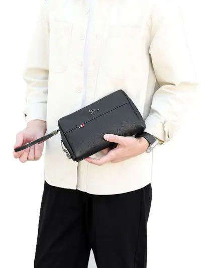 Men's Clutch Bag with Combination Lock, Litchi Grain Soft Leather