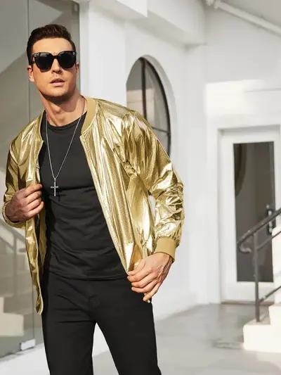Men's Glossy Metallic Zip-Up Jacket, 70s Disco Style - 9