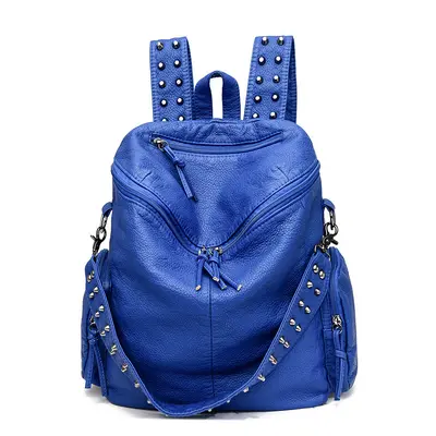 Rivet Washed Leather Backpack Large Capacity Multi-Pocket - 9