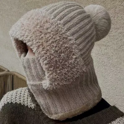 Cross-border Labelable Women's Hat Winter Warm Knitted Hat Scarf Mask Three-in-One Unisex Outdoor