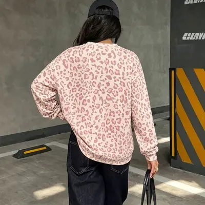 Women's Leopard Print Round Neck Loose Sweatshirt, Autumn Winter