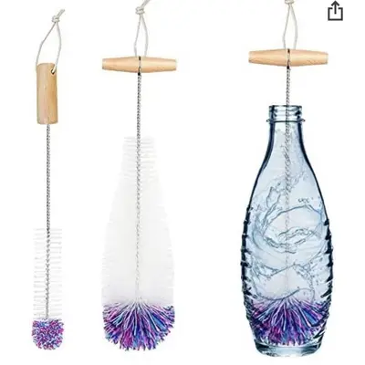 Soda Bottle Brush, Non-Scratch Glass Cleaning Brush with Wooden Handle - 12