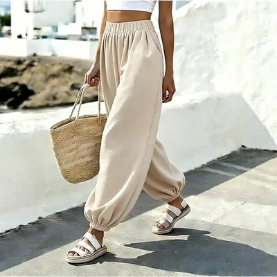Beach Style High-Waist Pocket Comfortable Lantern Women's Long Pants
