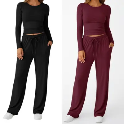 Women's Sports Yoga Set, Autumn Winter Solid Color Long Sleeve Round Neck