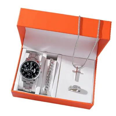 Men's 4-piece silver jewelry set with watch, bracelet, necklace, ring