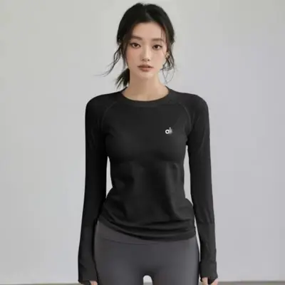 al女长袖跑步瑜伽服秋冬款修身显瘦高弹圆领运动训练速干健身服上