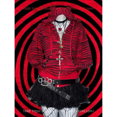 Y2K Zip-Up Striped Print Hooded Sweatshirt, Punk Style - 2