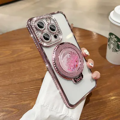 Transparent Soft iPhone 15 Case, Electroplated, Magnetic, Rhinestone Stand - 10