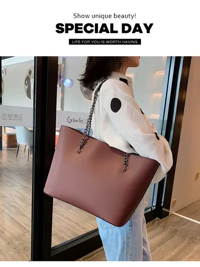 Large Capacity Women's Chain Tote Bag, Korean Style Single Shoulder Bag - 5