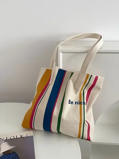 Striped Canvas Shoulder Bag, Korean Style, Student and Laptop Bag - 7