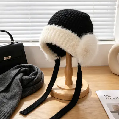 Thick Plush Knit Beanie for Women, Windproof with Ear Protection
