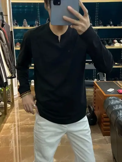Herren-Langarm-T-Shirt mit V-Ausschnitt, Bambusgarn, Sonnenschutz