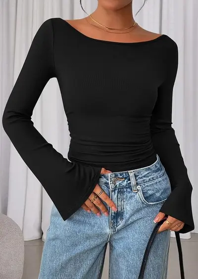Kadın örme üst, sonbahar çan detaylı uzun kollu, slim fit fırfırlı kazak - 9