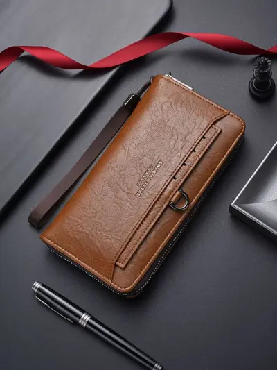 Men's Long Zip Leather Wallet and Clutch with Multiple Card Slots - 8