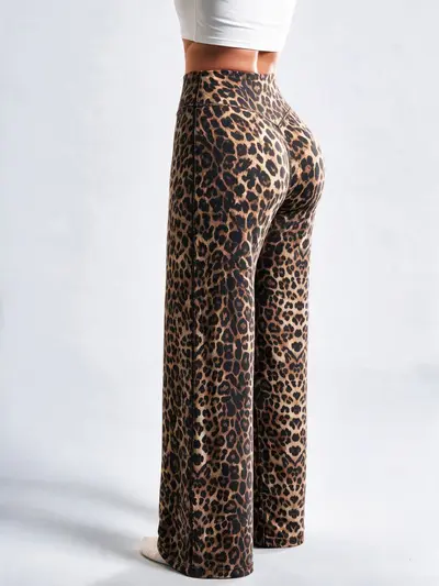 Women's Leopard Print Wide-Leg Sports Pants, Brushed Fabric - 8